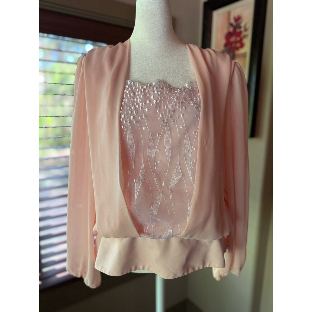 Vintage Darcy Pink Chiffon Beaded Blouse Top 70s 80s Evening Formal Modern M/L